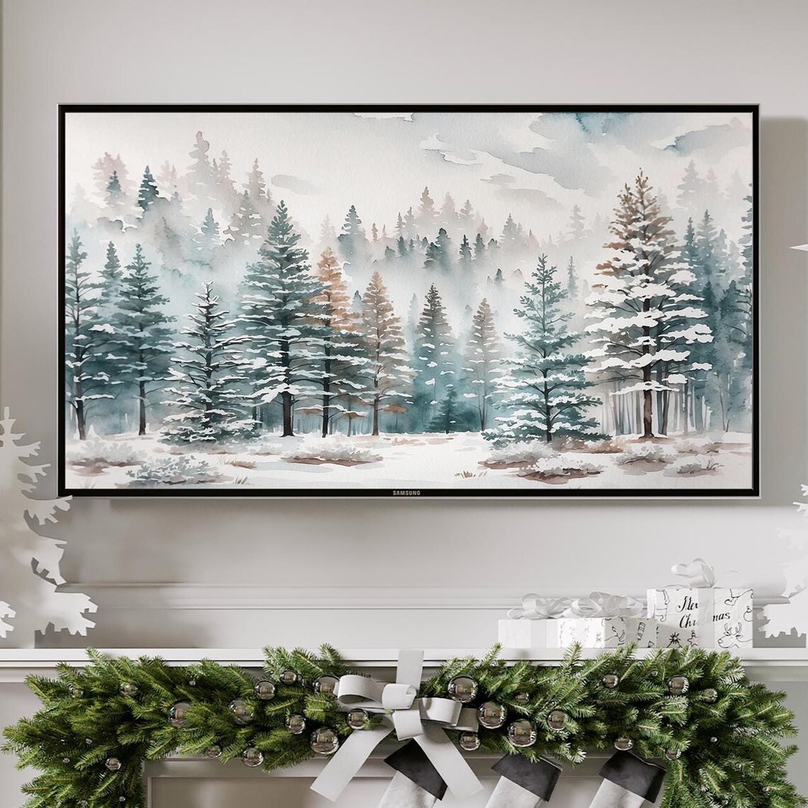 Snowy Pine Forest Watercolor Misty Winter Woodland Scenery Poster