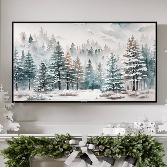 Snowy Forest Watercolor Landscape Tv Art Frame Holiday Winter