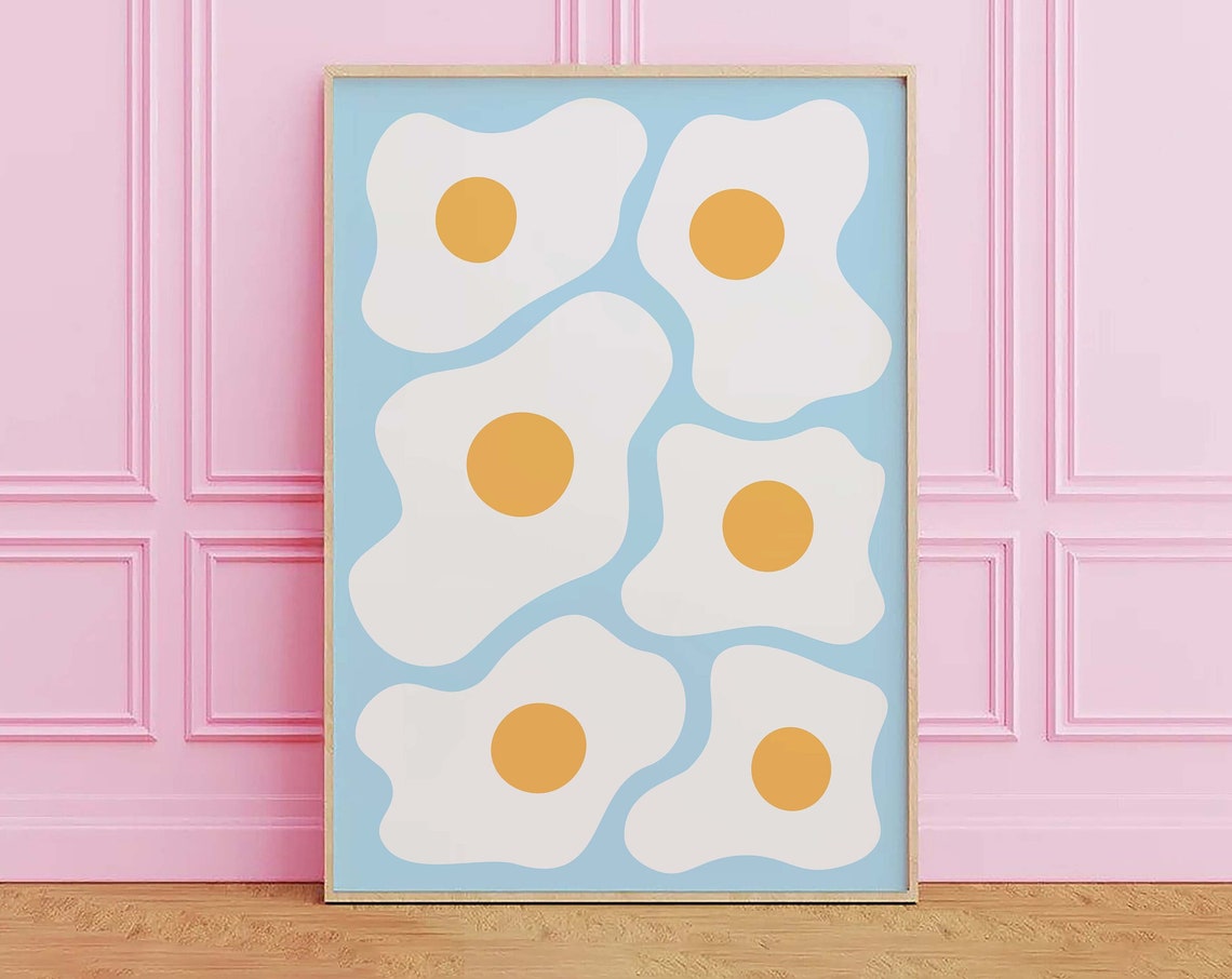 Eggs Print Art Blue Kitchen Food Decor Retro Breakfast Art Poster Cute Trendy Wall Art