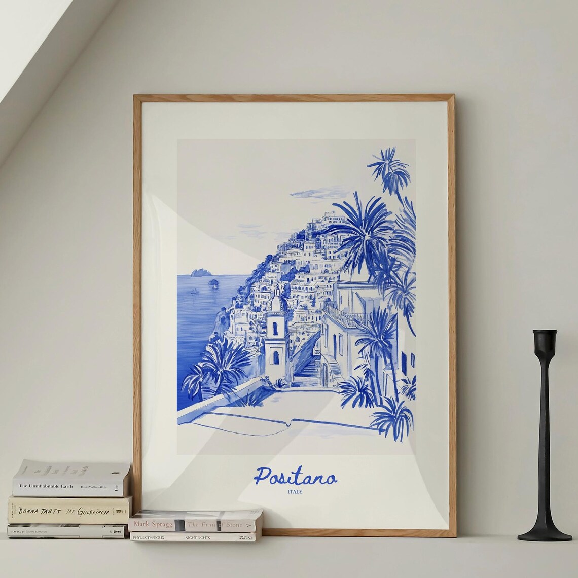 Positano Italy Travel Poster Navy Blue Amalfi Coast Sketch Decor