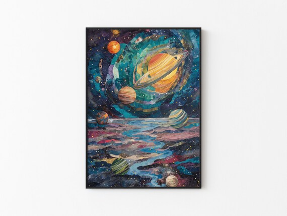 Ringed Giant Planet Teal Clouds Ocean River Cosmic Art Poster