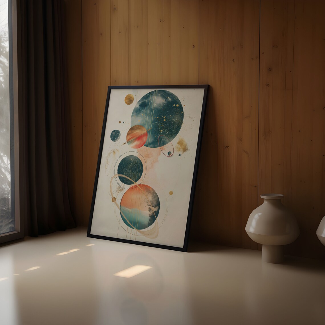 Teal Coral Planets Gold Orbit Rings Abstract Celestial Cream Poster Art - Image 2
