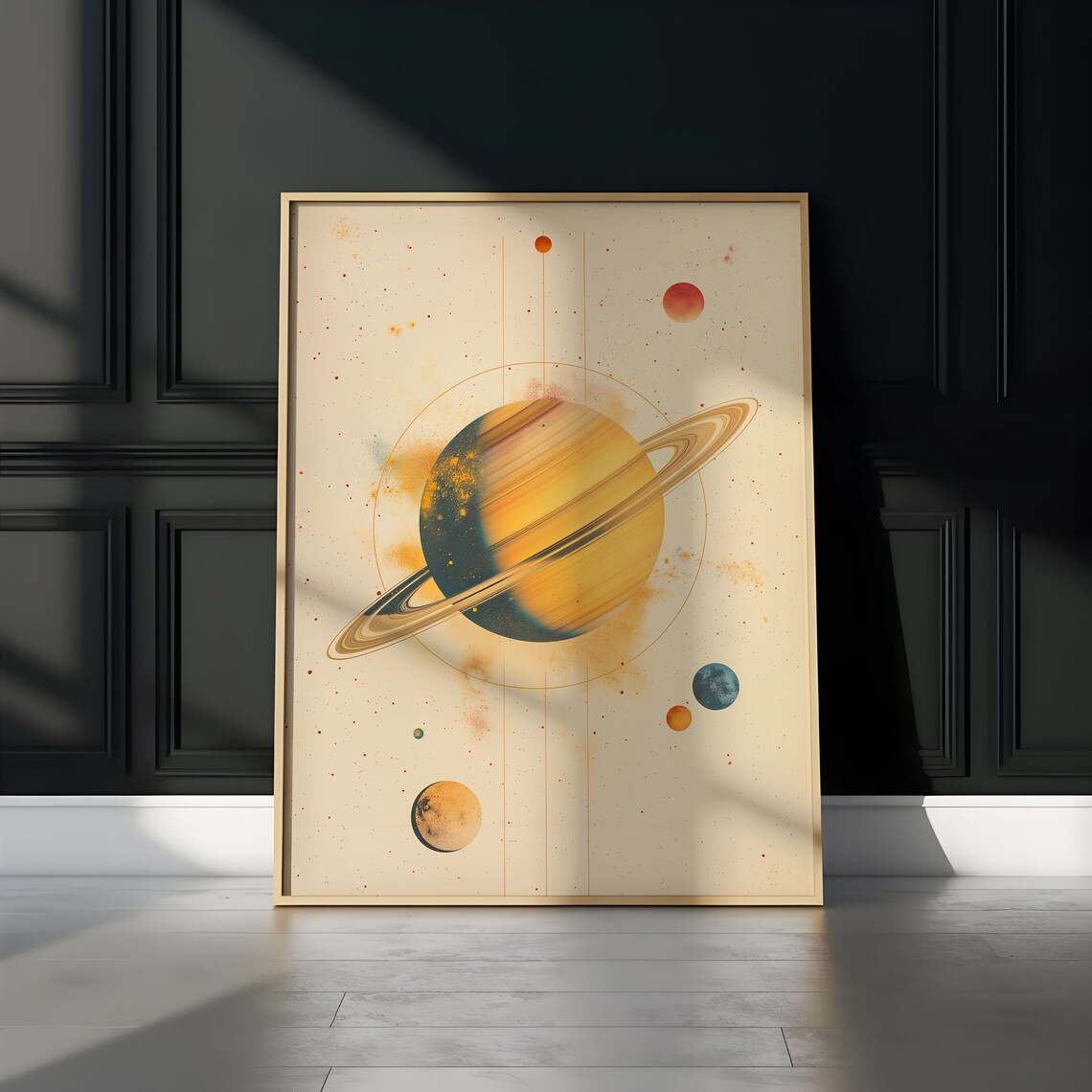 Watercolor Beige Abstract Gold Saturn Half Shadow Wide Ring Moon Dots Art Print - Image 3