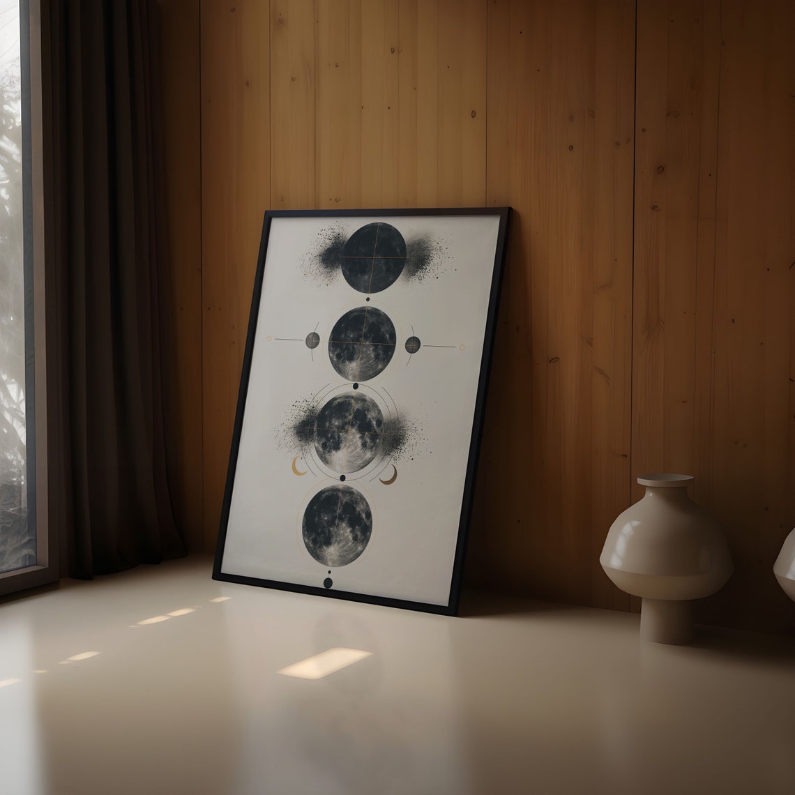 Four Full Moons Ink Splatter Fine Gold Line Abstract Art Poster - Image 2