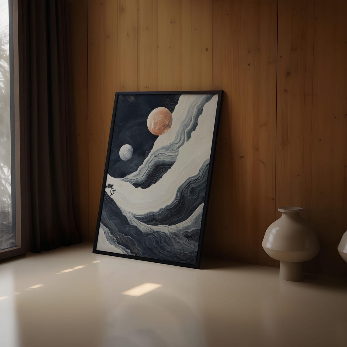 Rust Orange Moon White Moon Monochrome Wave Mountain Night Sky Poster - Image 2