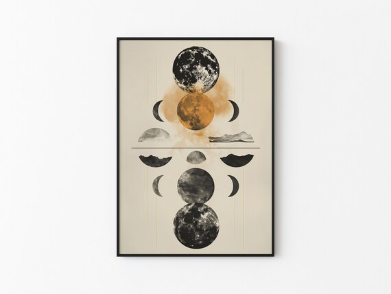 Lunar Phase Chart Black Gold Moon Mountain Abstract Wall Art