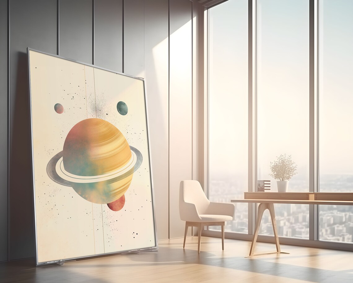 Abstract Watercolor Golden Banded Saturn Silver Ring Red Moon Art Print - Image 2