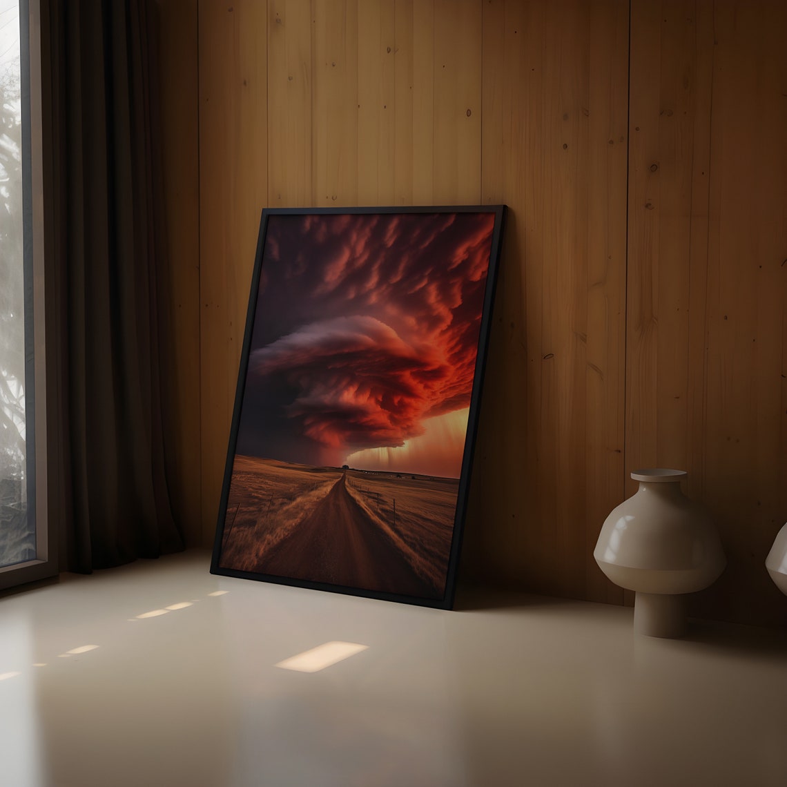 Dirt Road Into Horizon Under Towering Crimson Storm Wall Poster - Image 2