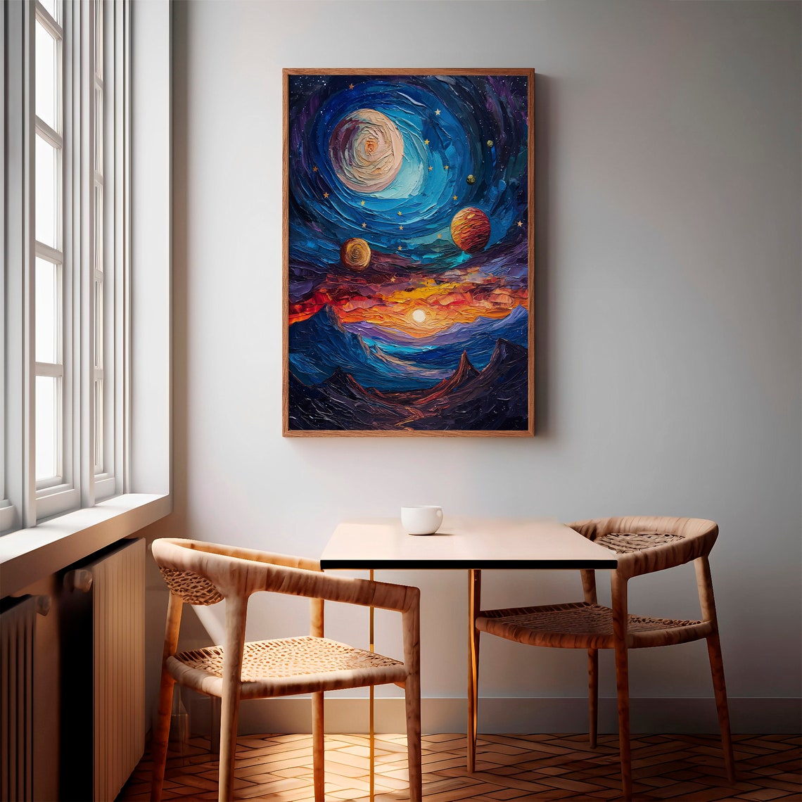 Blue Spiral Galaxy Three Planets Sunset Mountains Impasto Poster - Image 3