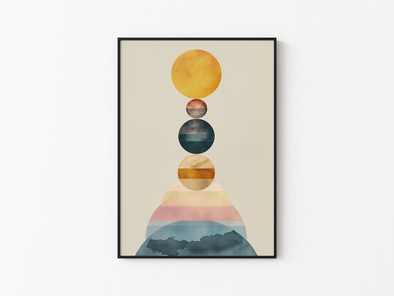 Watercolor Gold Sun Striped Sunset Arc Teal Planet Abstract Art Print