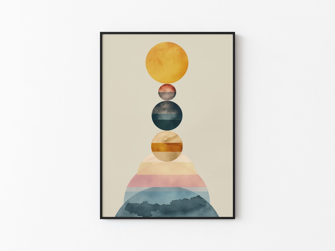 Watercolor Gold Sun Striped Sunset Arc Teal Planet Abstract Art Print