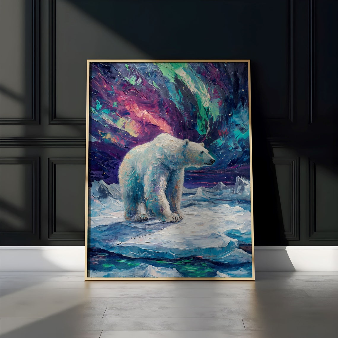 Polar Bear on Ice Floe Under Purple Pink Aurora Night Poster - Image 3
