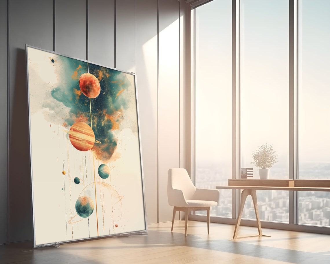 Abstract Watercolor Planets Vertical Column Japandi Art Print - Image 2