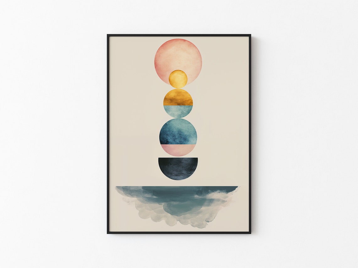 Abstract Stacked Sunrise Semicircle Navy Horizon Watercolor Wall Art