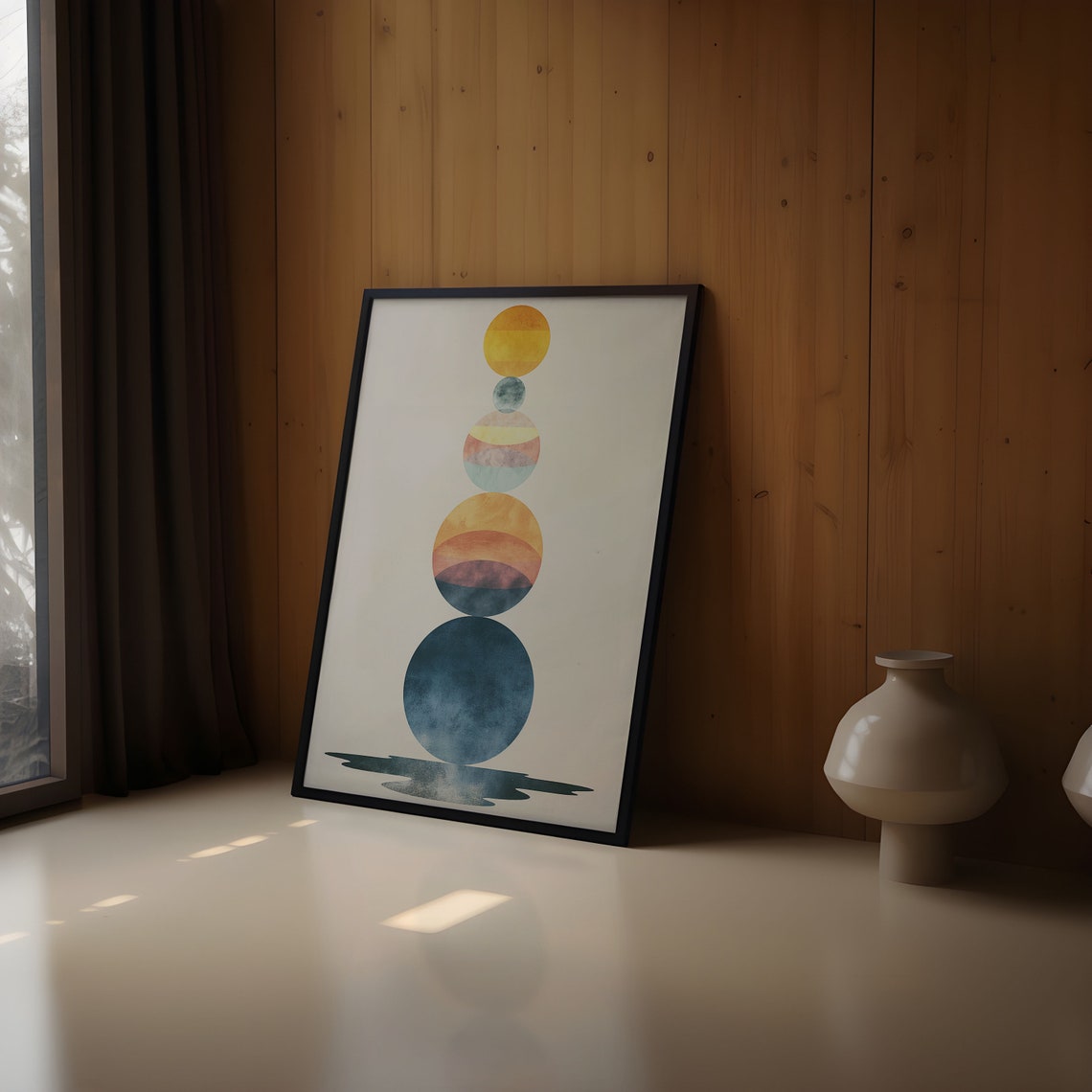 Striped Pastel Planets Balanced Stack Sunset Reflection Art Print - Image 2