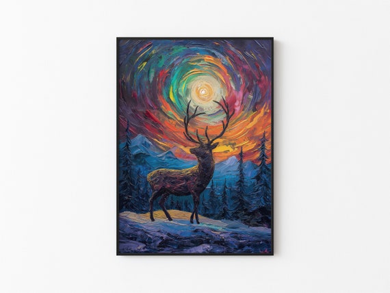Aurora Borealis Wilderness Northern Lights Instant Art Poster Polar Deer Versatile Sizes Colorful Impasto Print 2