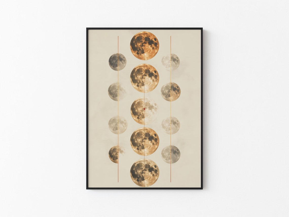 Golden Moons Grid Pattern Triple Column Minimalist Art Poster