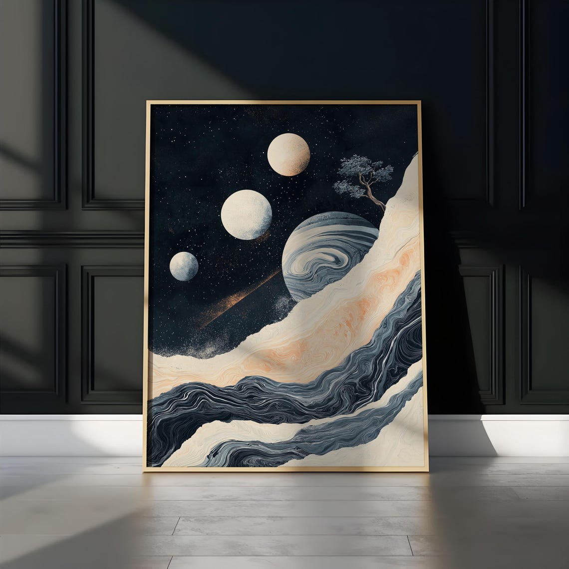 Three Moons Gas Giant Marble Sea Pine Cosmic Landscape Night Poster - Image 3