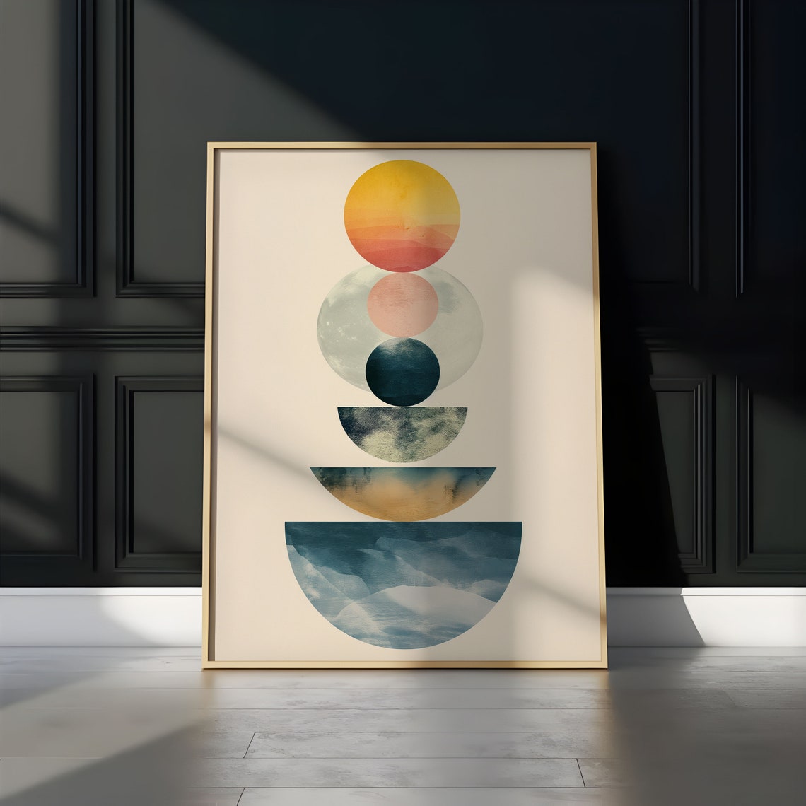 Sun Over Moon Sunset Half Circle Horizon Watercolor Wall Art - Image 3