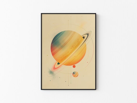 Sunset Saturn Tilted Orbits Watercolor Beige Abstract Wall Art