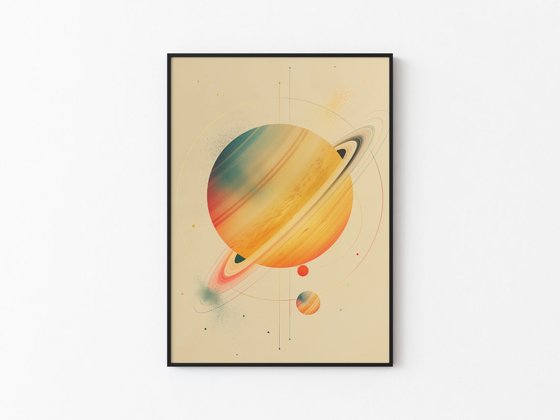 Sunset Saturn Tilted Orbits Watercolor Beige Abstract Wall Art