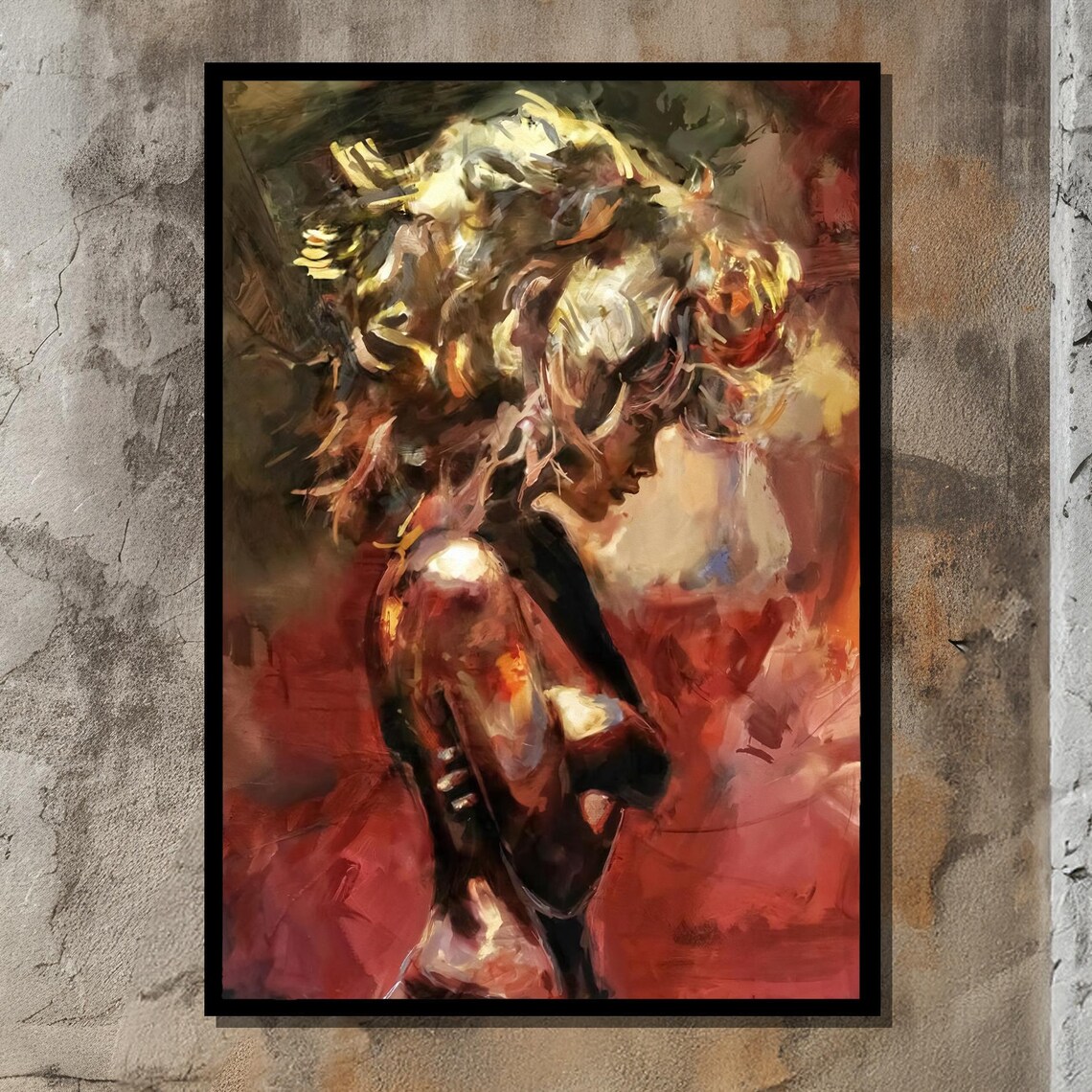 Abstract Woman Portrait Red Gold Expressive Oil Painting Art Poster