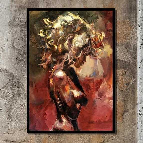 Abstract Woman Portrait Red Gold Expressive Oil Painting Art Poster