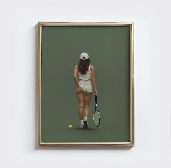 Retro Tennis Girl Walking Away Sporty Minimalist Green Art Poster