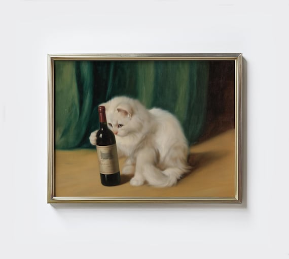 White Cat Wine Bottle Antique Oil Painting Funny Animal Wall Art