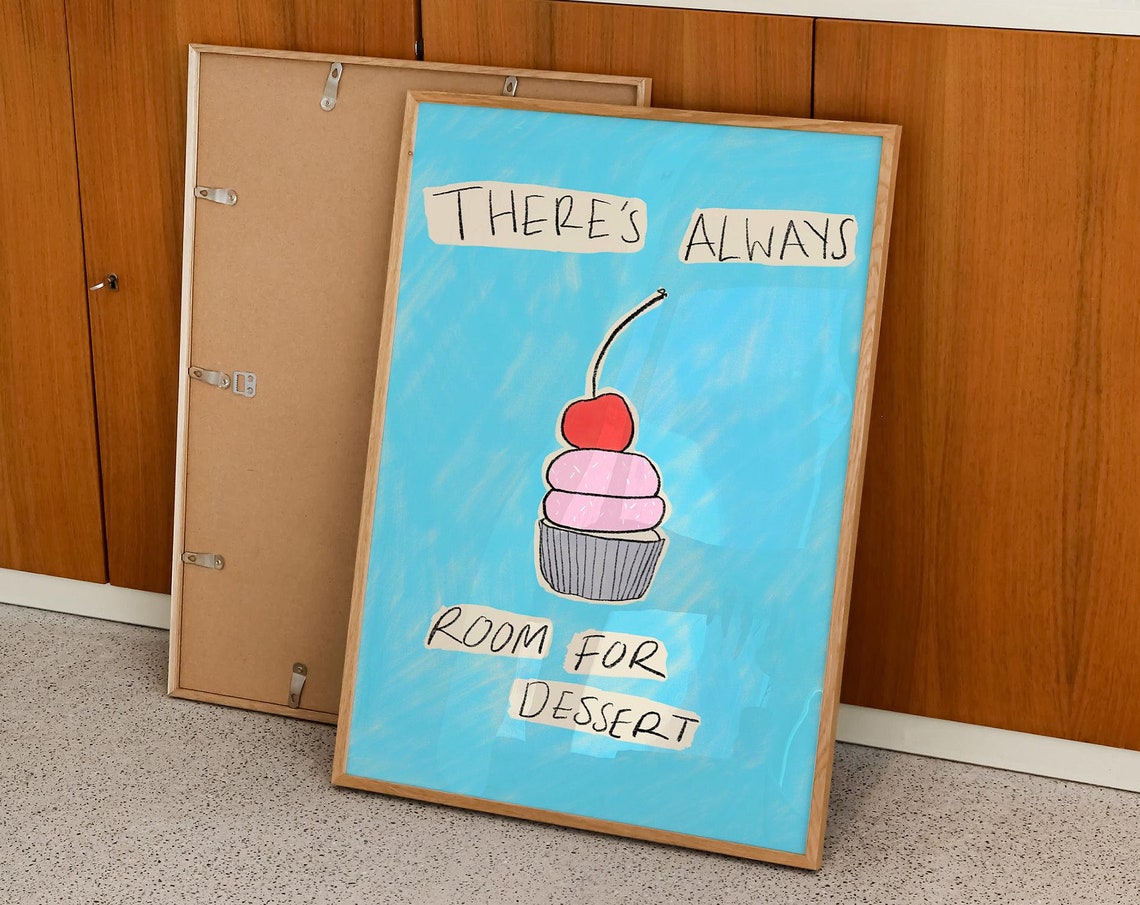 Always Room For Dessert Print Cupcake Poster Vintage Food Poster Trendy Blue Print Kitchen Print Cute Kitchen Poster Dessert Poster