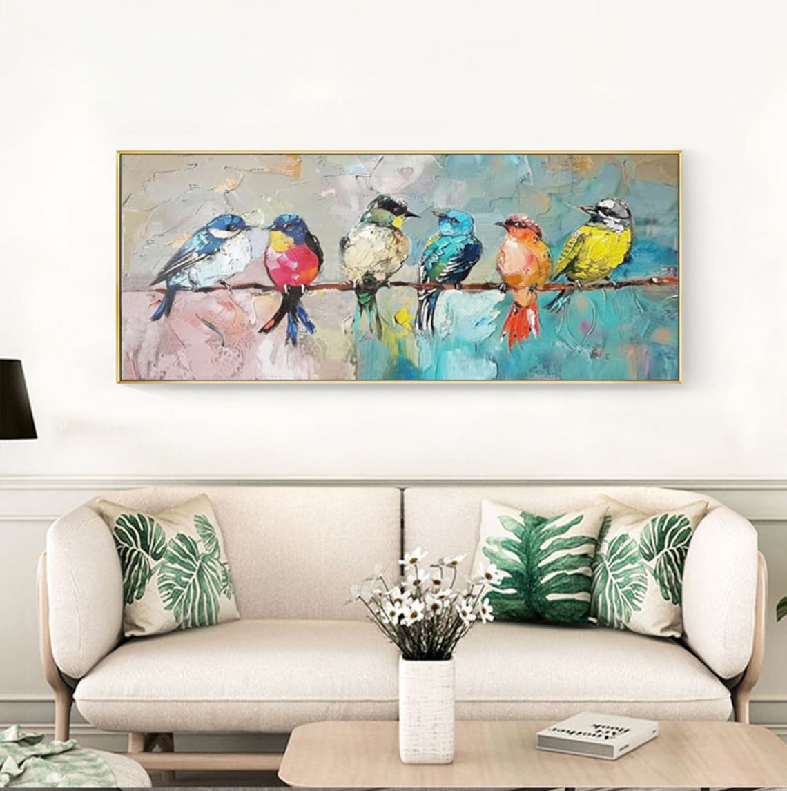 Colorful Birds on Branch Oil Painting, Abstract Art - Image 2