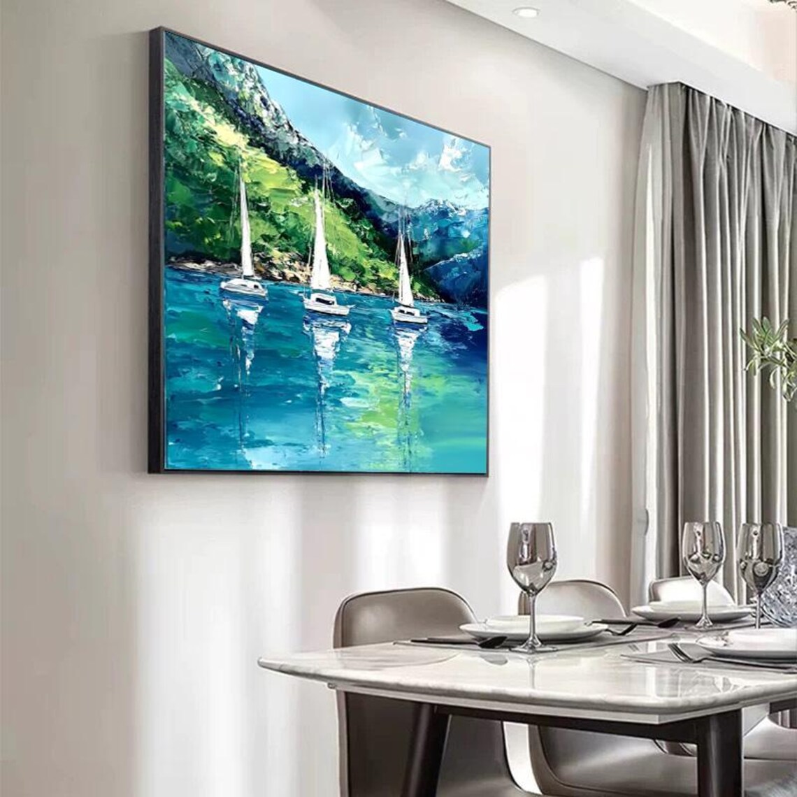 Three White Sailboats Sailing in a Turquoise Mountain Bay Poster - Image 4