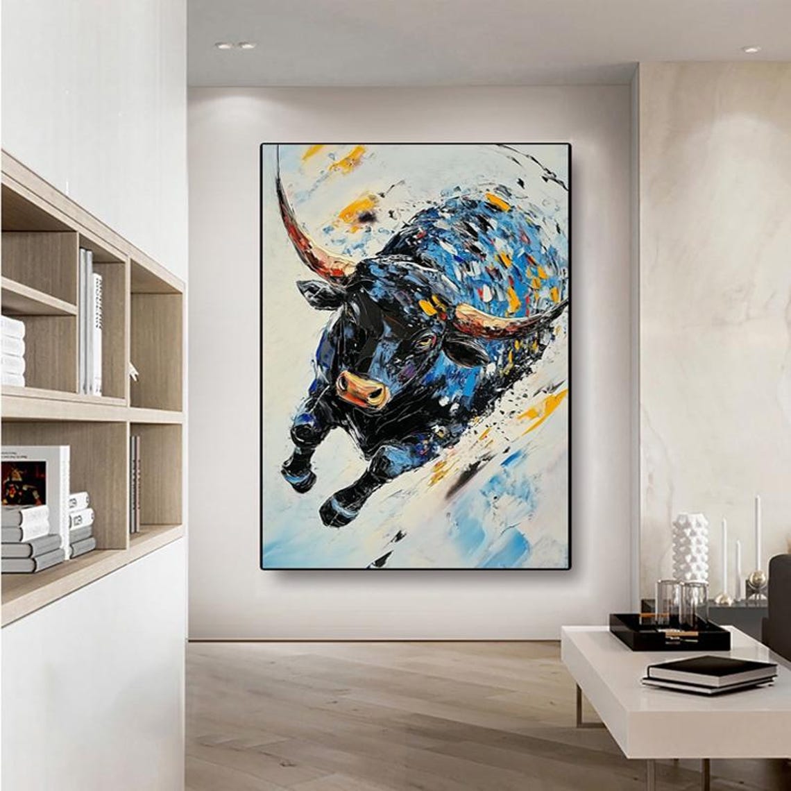 Powerful Charging Bull Abstract Blue Impasto Oil Painting Art Poster - Image 2