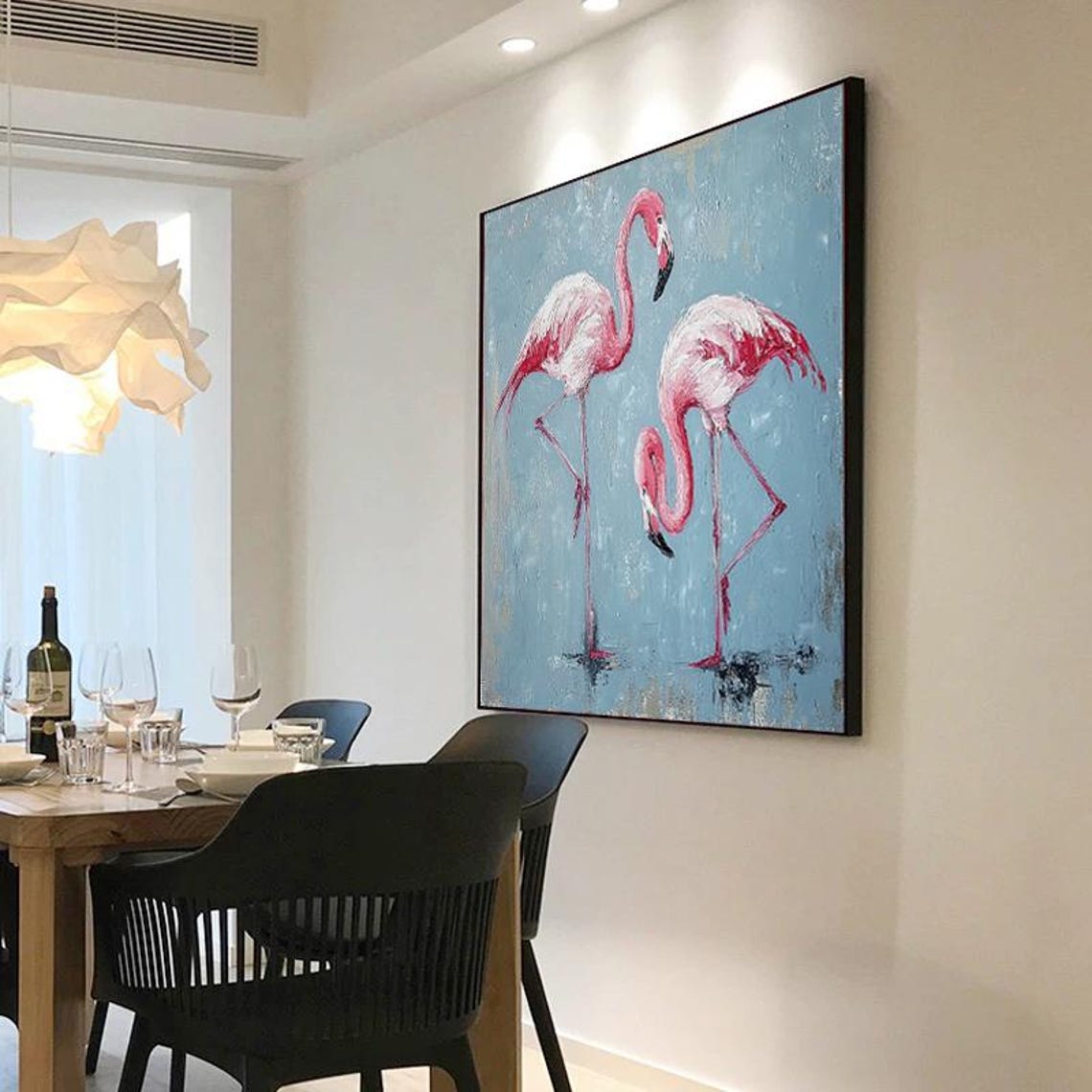 Two Pink Flamingos On Blue Grey Background Tropical Painting Poster - Image 3