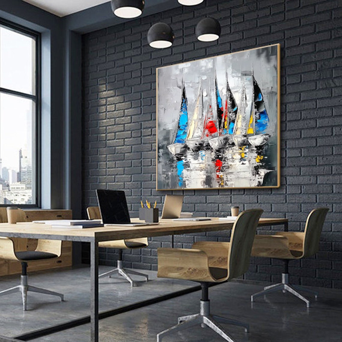 Docked Sailboats With Bright Multicolor Sails on Gray Water Wall Art - Image 3