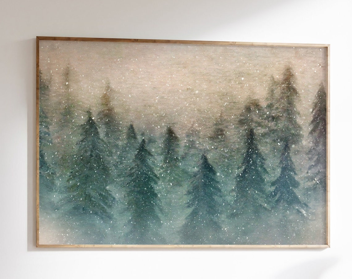 Snowy Pine Forest Falling Snow Winter Wonderland Watercolor Wall Print