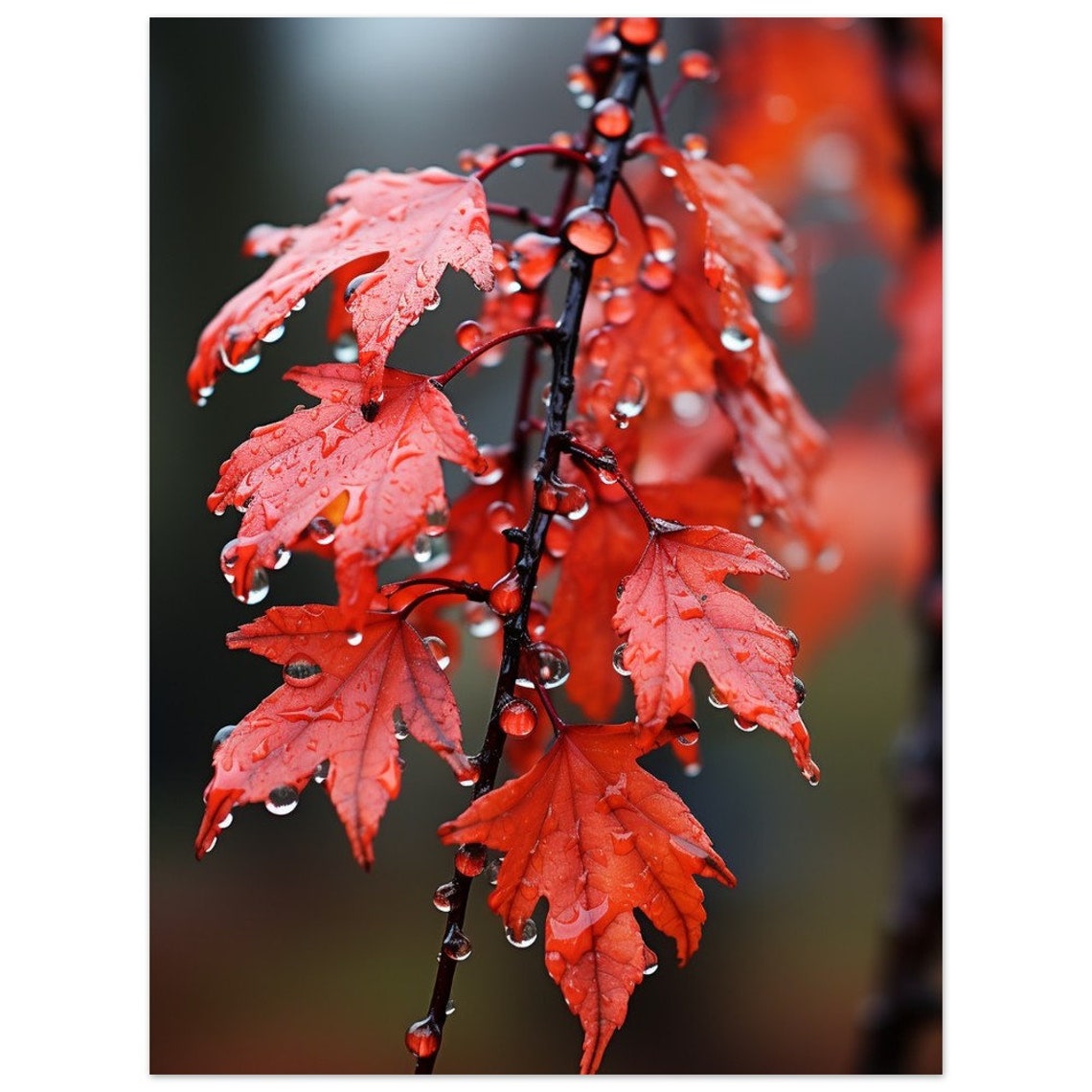 Red Maple Branch With Raindrops Macro Close Up Nature Autumn Poster - Image 3