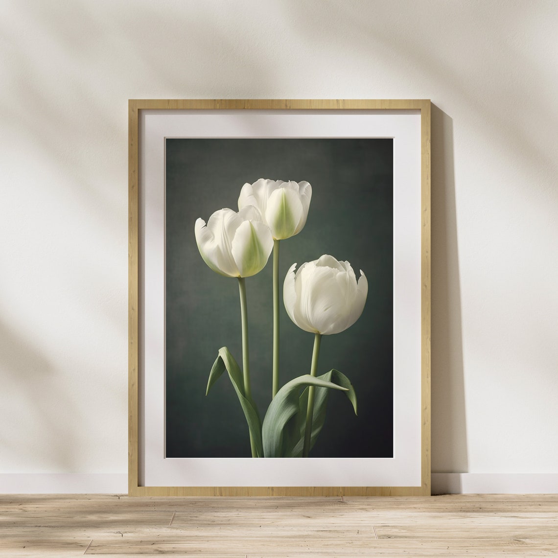 Three White Tulips Dark Background Elegant Floral Photography Poster
