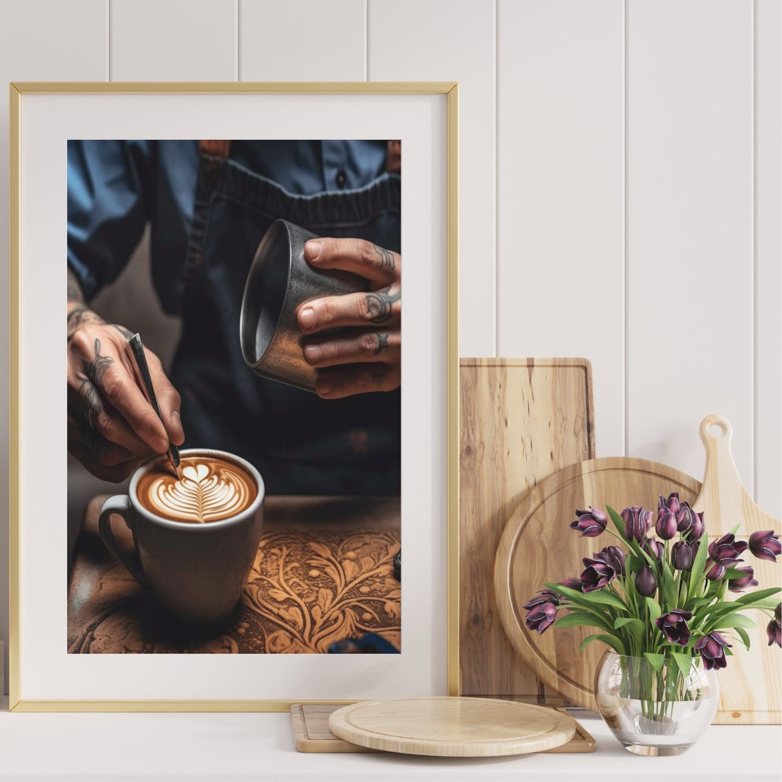 Barista Pouring Milk Rosetta Latte Art Moody Cafe Hands Poster - Image 4