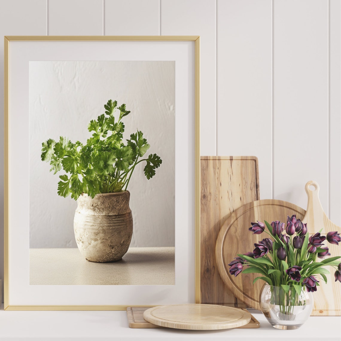 Fresh Parsley Bunch Rustic Clay Pot Minimalist White Art Poster - Image 4
