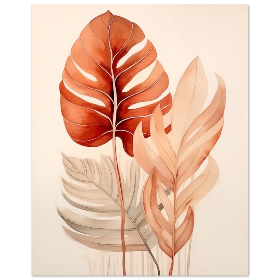 Terracotta Monstera Leaves Watercolour Botanical House Plant Poster - Image 2