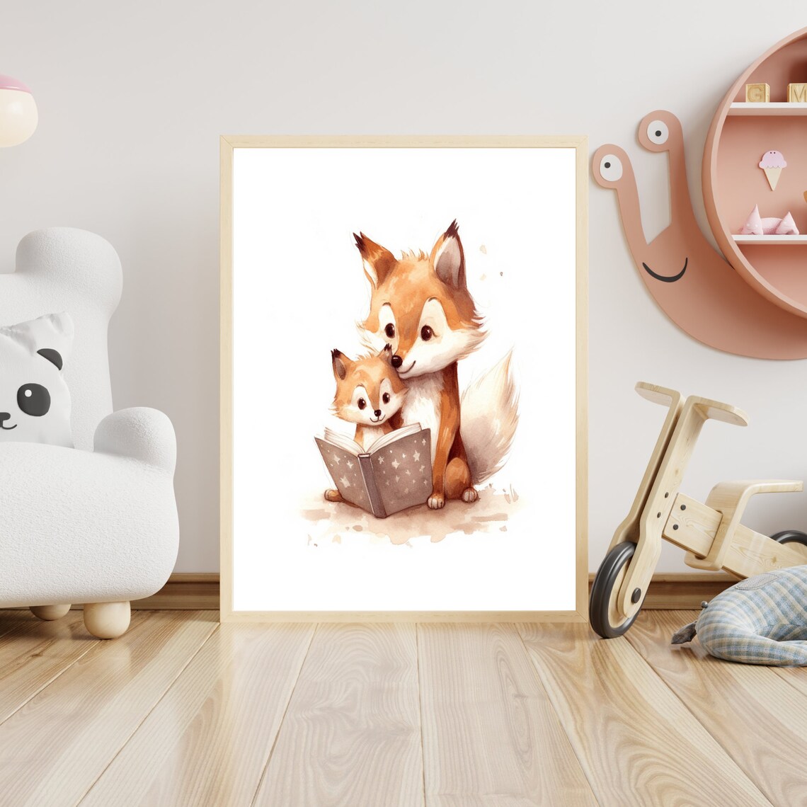 Sweet Fox Mom and Baby Reading Book Watercolor Nursery Art Poster - Image 4