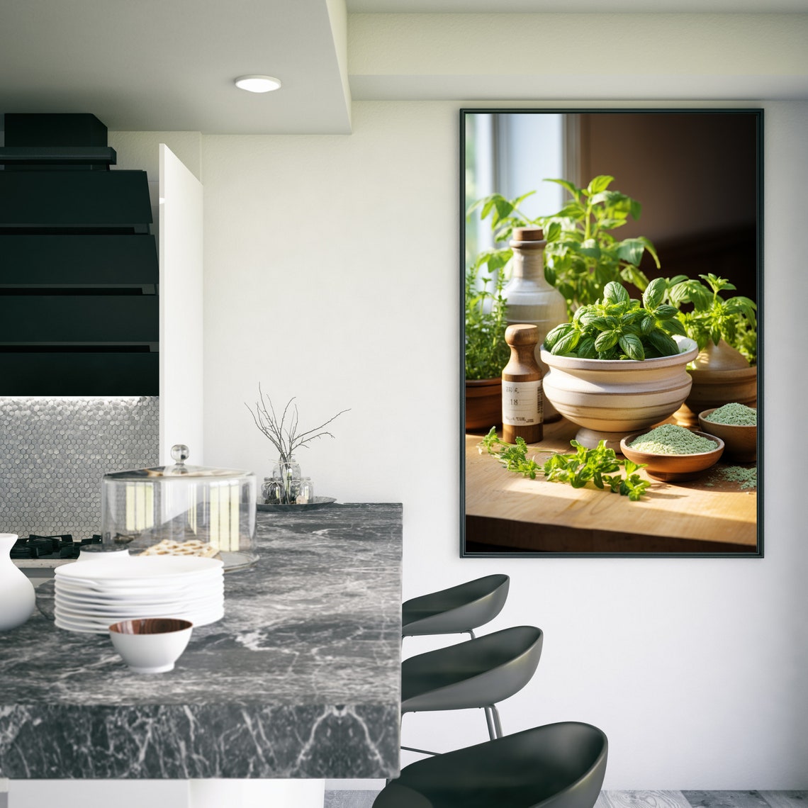 Sunlit Kitchen Herbs Basil Still Life Wooden Table Art Poster - Image 3
