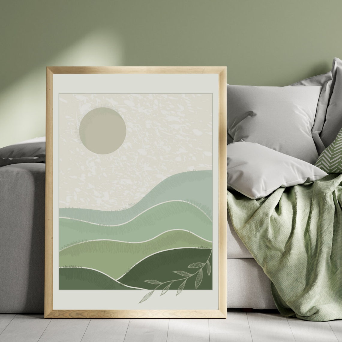 Abstract Sage Green Hills Sun Minimal Modern Landscape Wall Art