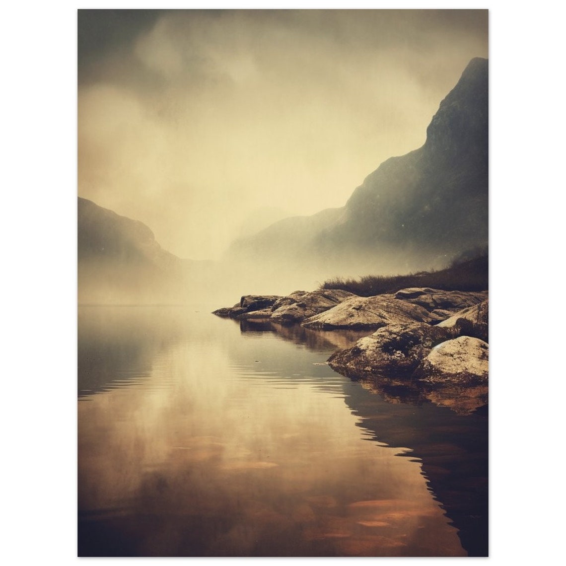 Foggy Mountain Lake With Rocky Shore Calm Moody Nature Poster - Image 2