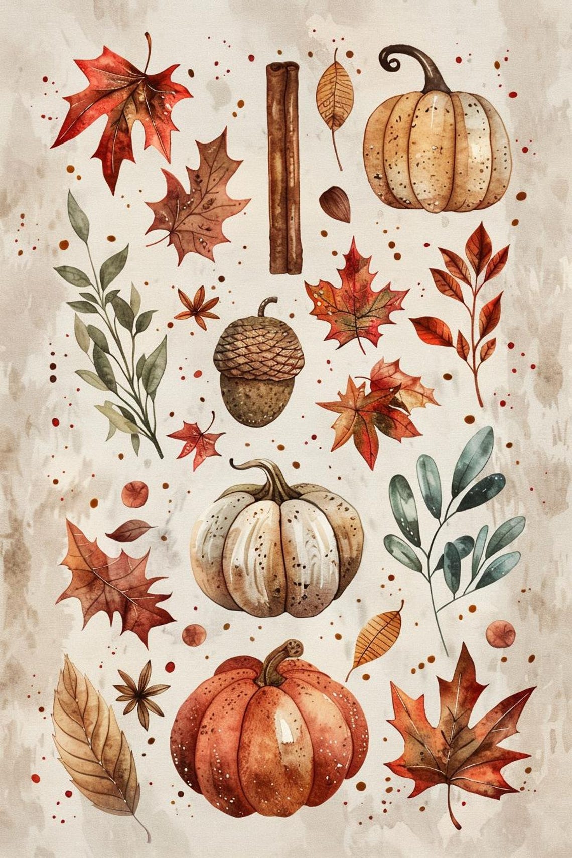 Autumn Leaves Pumpkins And Acorns Watercolour Fall Pattern Poster - Image 2