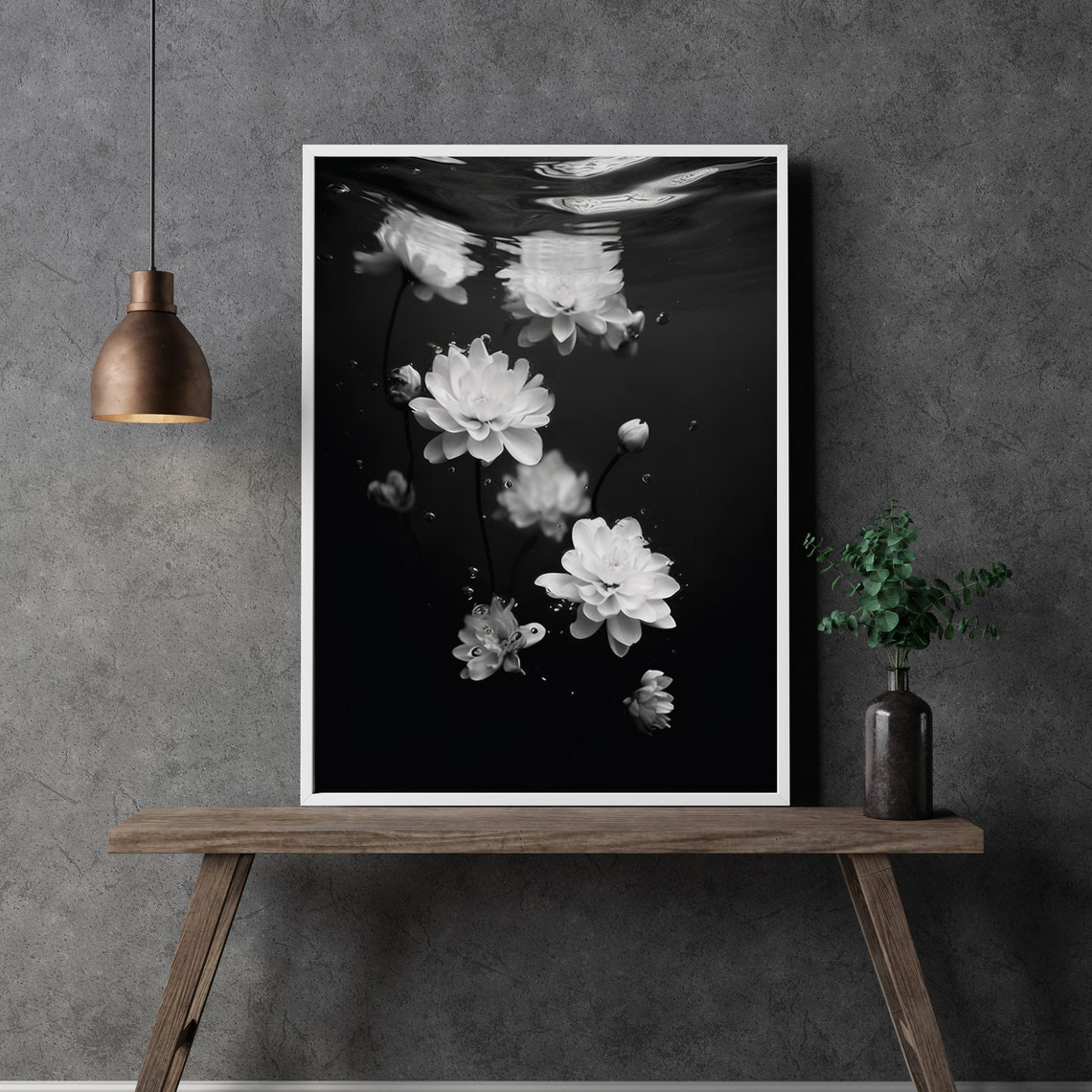 Black And White Underwater Floating Flowers Art Photography Poster - Image 3