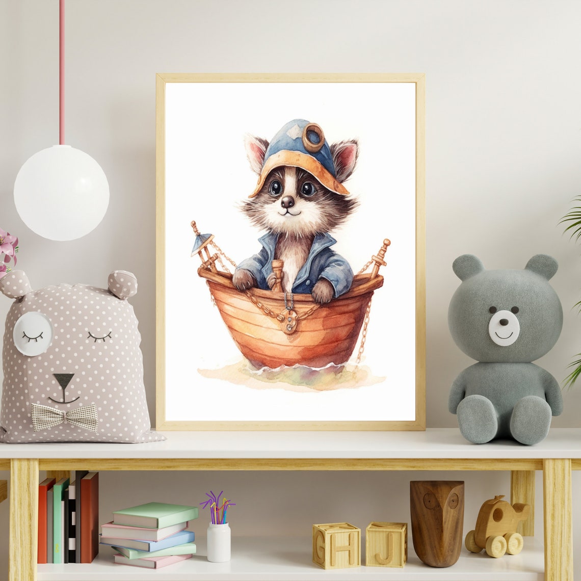 Cute Raccoon Sailor in Boat Watercolor Baby Nursery Art Poster - Image 3