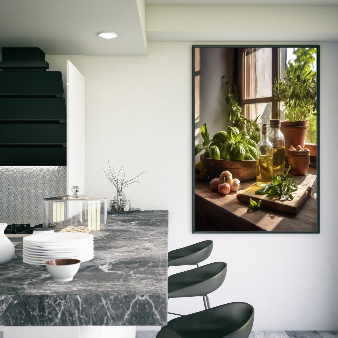 Sunlit Windowsill Olive Oil Basil Garlic Kitchen Still Life Poster - Image 3