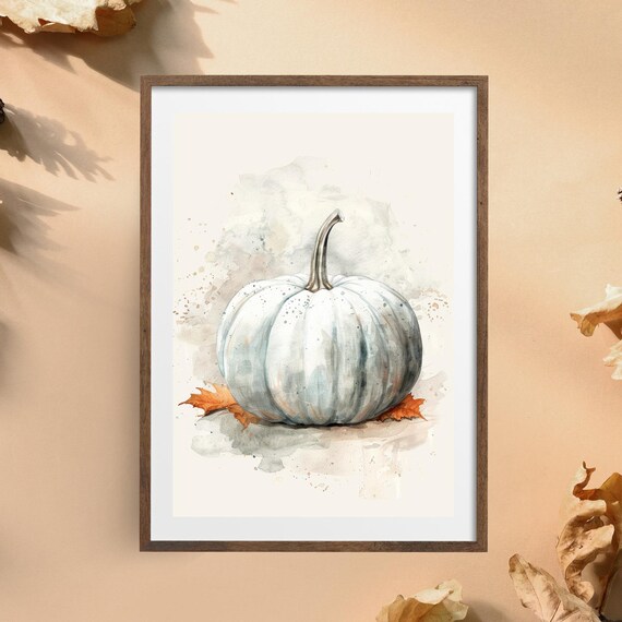White Pumpkin With Fall Leaves Watercolour Autumn Harvest Poster